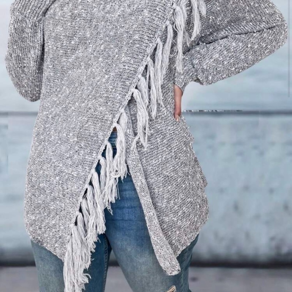 SHEIN LUNE Gray Asymmetrical Fringe Sweater